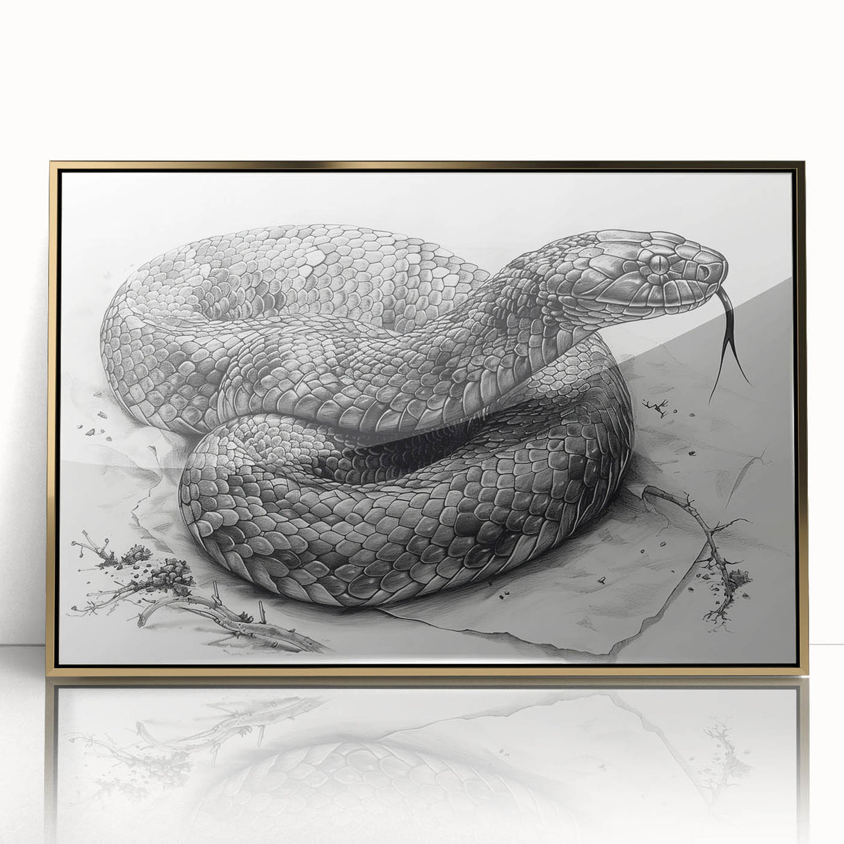 Framed acrylic wall art showcasing a stunning snake design in gold, set against a sleek black background. Ideal for reptile lovers and modern decor enthusiasts.