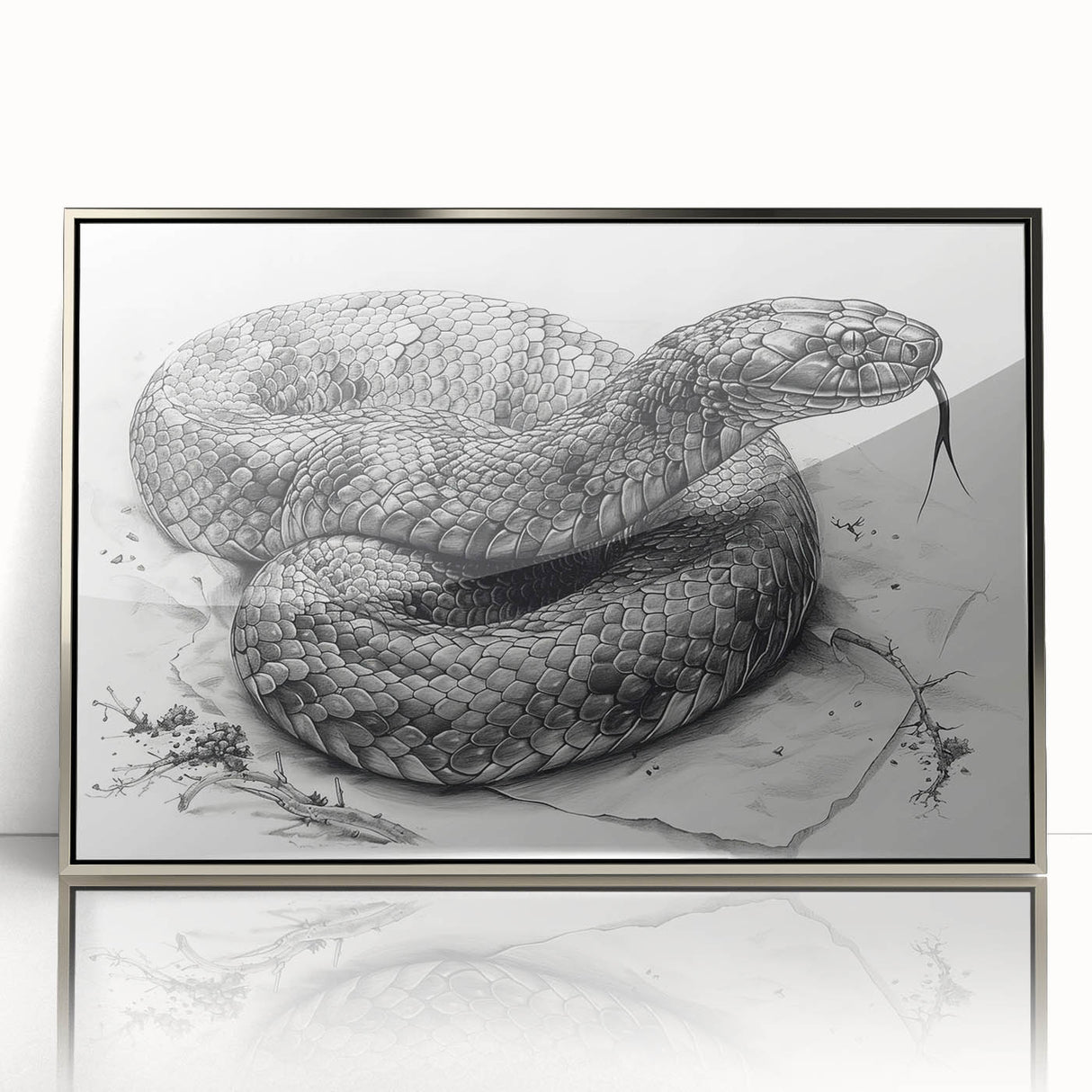 Framed wall art featuring a detailed snake design in vibrant colors, showcasing an acrylic finish with a sleek silver frame, perfect for reptile enthusiasts.