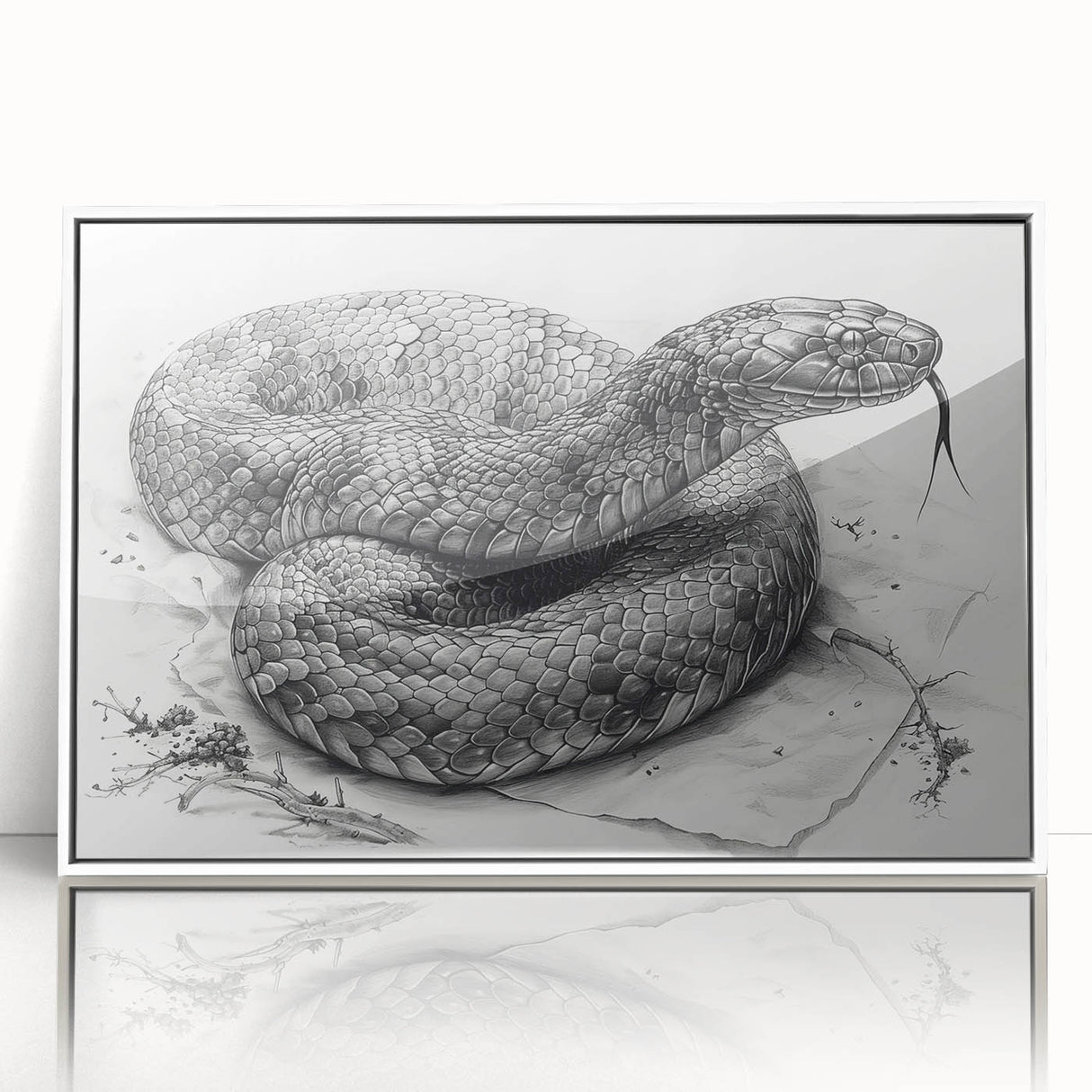 Framed acrylic wall art featuring a detailed snake design in a modern style, with a white frame, ideal for reptile enthusiasts and contemporary decor.