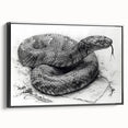 Framed wall art featuring a detailed black snake design on textured canvas, showcasing intricate patterns and vibrant colors, ideal for reptile enthusiasts.