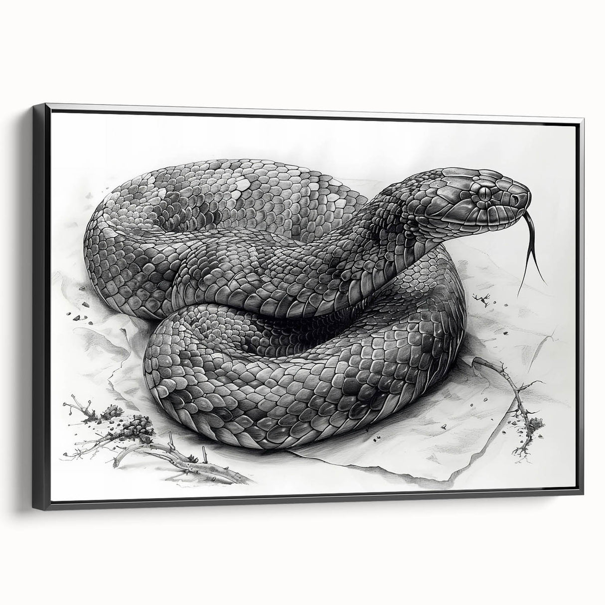 Framed wall art featuring a detailed black snake design on textured canvas, showcasing intricate patterns and vibrant colors, ideal for reptile enthusiasts.