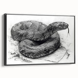 Framed wall art featuring a detailed black snake design on textured canvas, showcasing intricate patterns and vibrant colors, ideal for reptile enthusiasts.