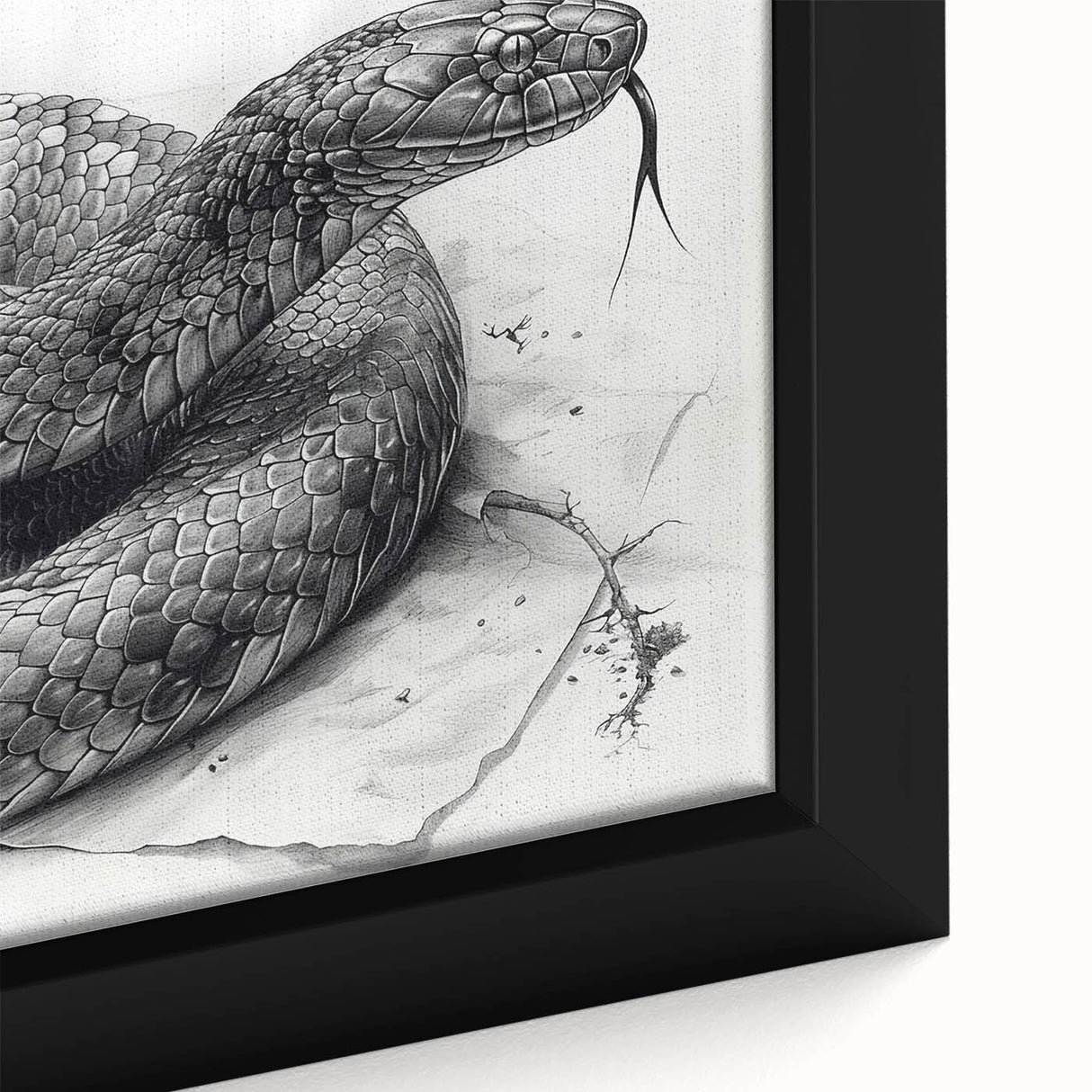 Close-up of a framed wall art piece showcasing a detailed snake design, featuring vibrant colors and intricate patterns, ideal for reptile enthusiasts and modern decor.