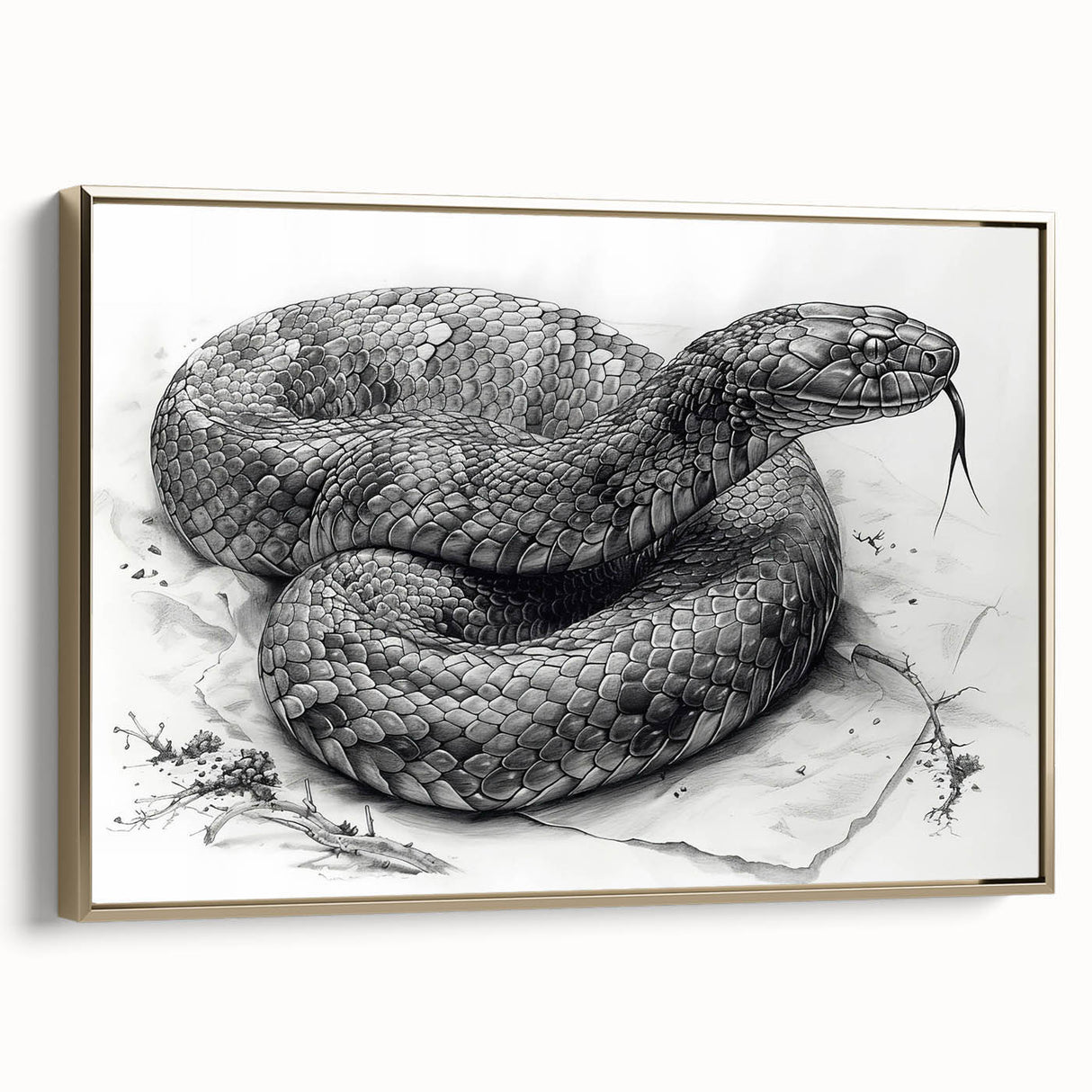 Framed wall art showcasing a striking snake design with vibrant colors on a textured canvas, elegantly displayed against a gold background, perfect for reptile enthusiasts.