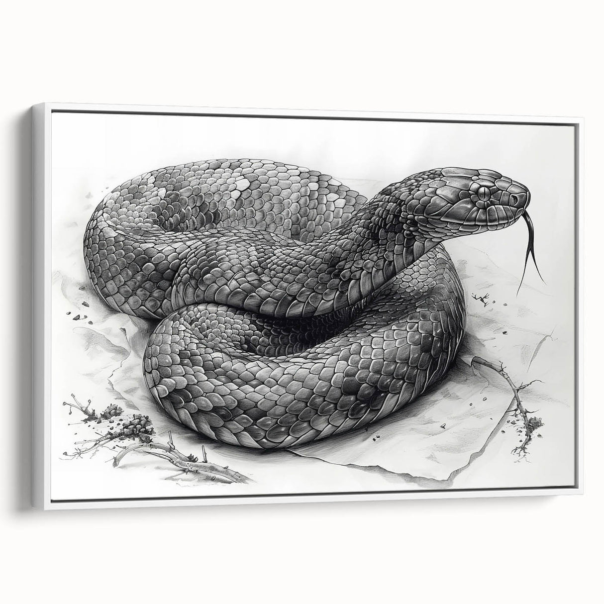 Framed canvas wall art showcasing a striking snake design with intricate patterns against a white background, ideal for reptile enthusiasts and modern decor.