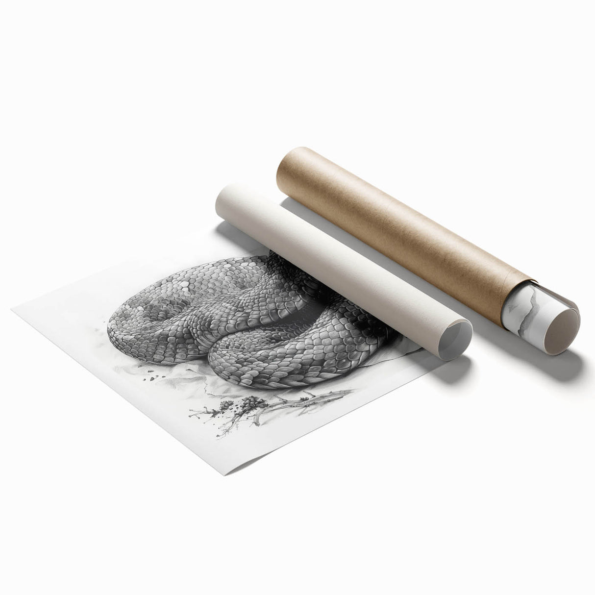 Vibrant rolled wall art print showcasing a detailed snake design in a modern style, perfect for reptile enthusiasts and home decor, packaged securely in a cardboard tube.