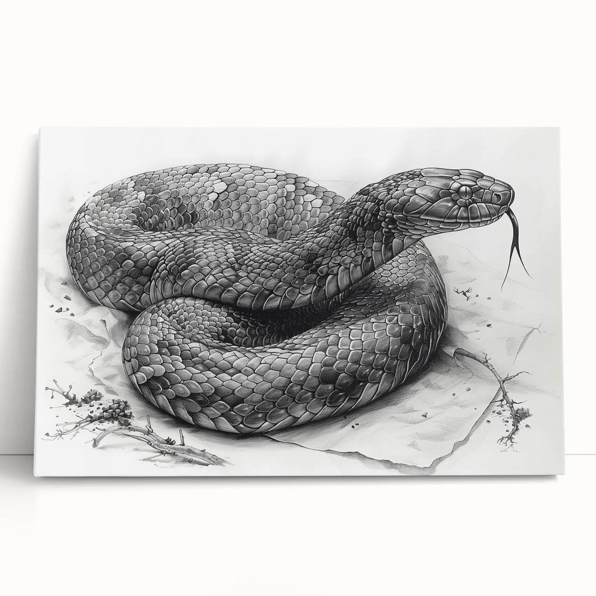 Stretched canvas wall art showcasing an intricate reptile and snake design, featuring vibrant colors and detailed illustrations, perfect for modern home decor.