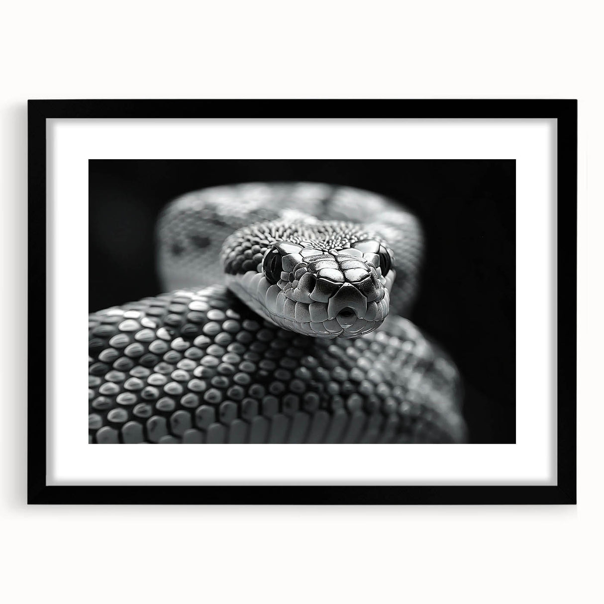 Framed wall art featuring a striking snake design, set in a black frame with a white mat, ideal for reptile enthusiasts and modern decor, enhancing any room's aesthetic.