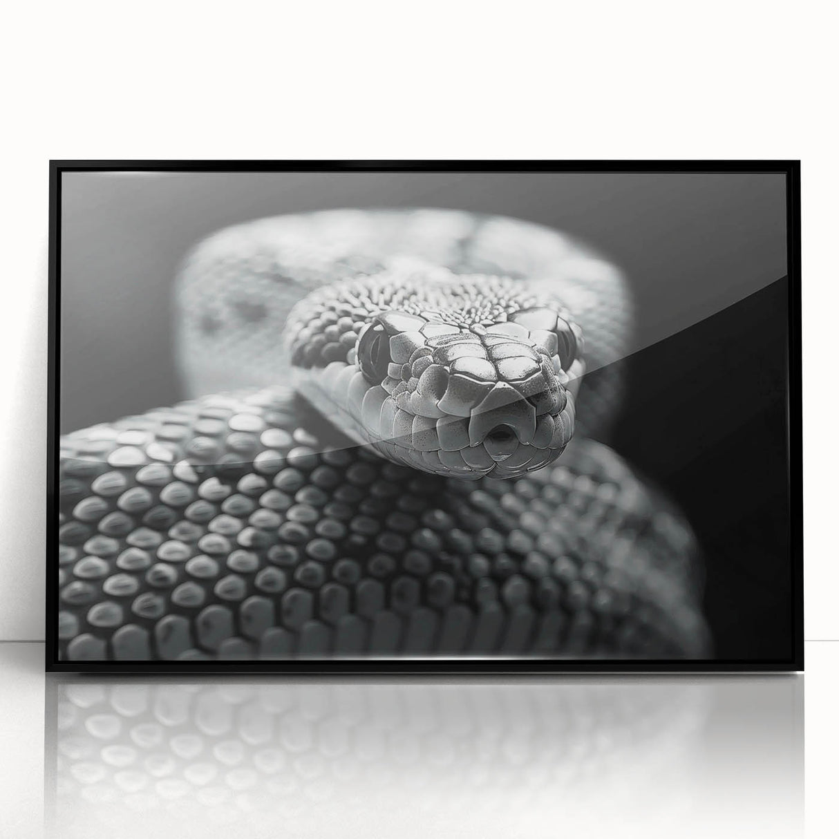 Framed wall art featuring a striking black snake design, showcasing intricate details on an acrylic surface, perfect for reptile enthusiasts and modern decor.