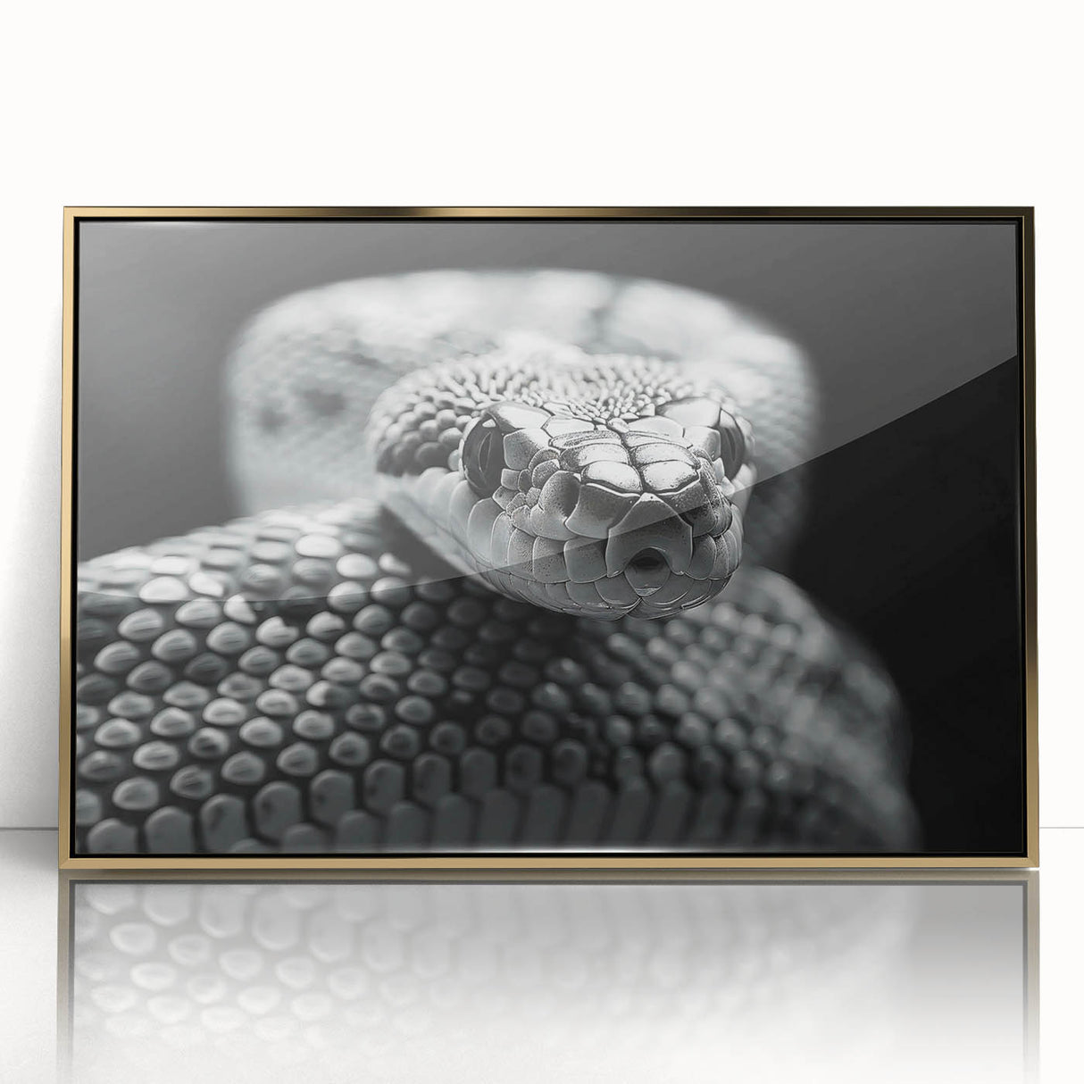 Framed wall art featuring a striking snake design in gold accents, showcasing intricate details and textures, perfect for adding a modern touch to home decor.