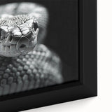 Close-up of a framed canvas wall art featuring a striking reptile snake design, showcasing intricate details and vibrant colors, perfect for animal lovers and modern decor.
