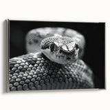 Framed wall art showcasing a striking snake design in silver tones, featuring intricate details and a modern aesthetic, perfect for reptile enthusiasts and home decor.