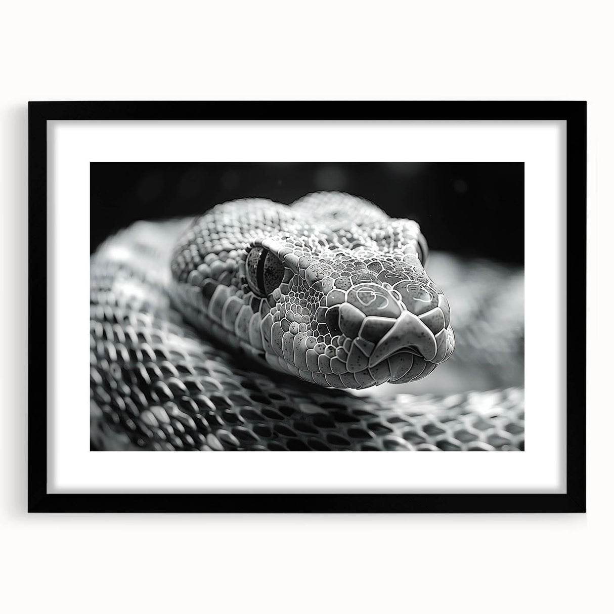 Black-framed wall art featuring a striking reptile and snake design, showcasing intricate details and vibrant colors, perfect for animal lovers and home decor enthusiasts.