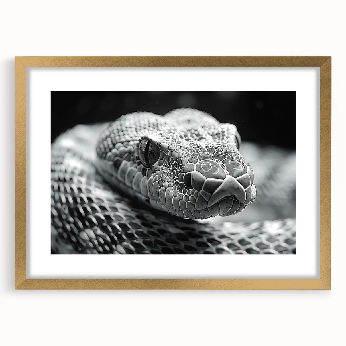 Framed wall art featuring a stylish reptile snake design in gold, showcasing intricate details and vibrant colors, ideal for modern home decor.