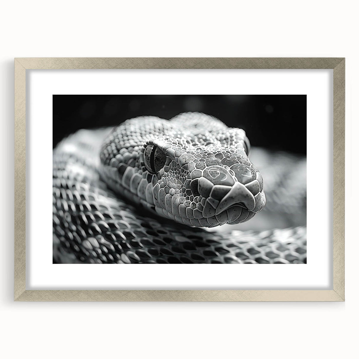 Framed wall art featuring a striking reptile snake design in vibrant colors, displayed with a sleek silver frame and mat, perfect for enhancing modern decor.