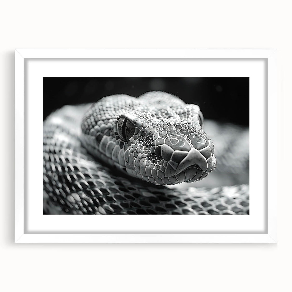 Framed wall art showcasing a detailed reptile snake design, featuring a white mat and sleek frame, perfect for enhancing modern decor in any room.