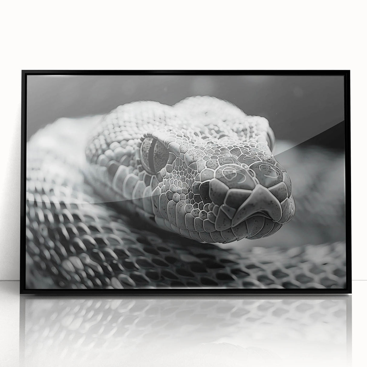 Framed wall art featuring a striking reptile snake design in vibrant colors, set in a sleek black frame, perfect for adding a modern touch to home decor.