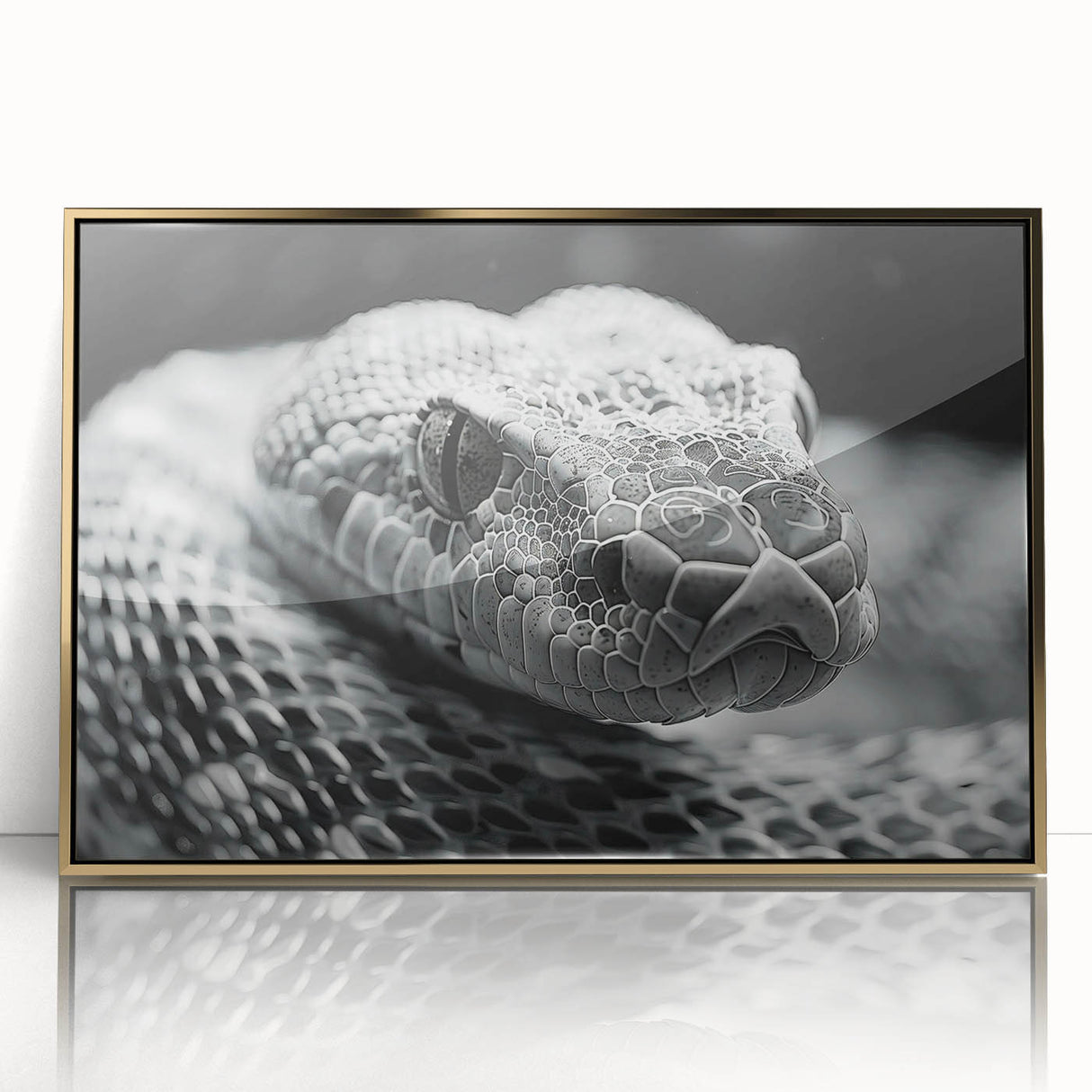 Framed wall art featuring a striking reptile snake design, showcasing intricate details in gold and black tones, perfect for enhancing modern home decor.