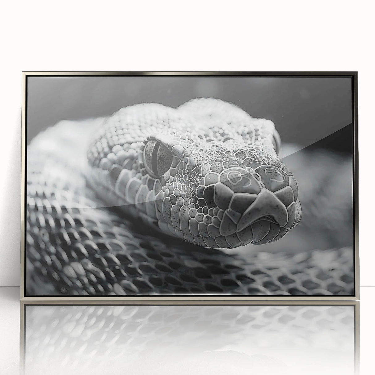 Framed wall art featuring a striking snake design in vibrant colors, set in a sleek silver frame, perfect for reptile enthusiasts and modern decor.