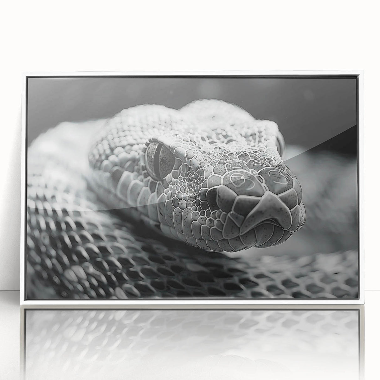 Framed wall art featuring a striking snake design in vibrant colors, displayed with a sleek white frame, perfect for reptile enthusiasts and modern decor.