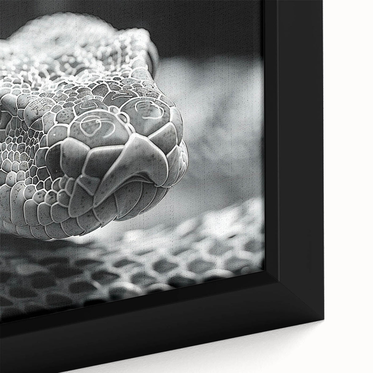 Close-up of a framed canvas wall art featuring a vibrant snake design with intricate patterns and rich colors, ideal for reptile enthusiasts and modern decor.