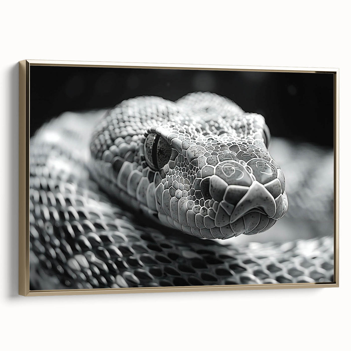 Framed wall art featuring a snake design in vibrant colors on a gold background, showcasing intricate details and patterns, perfect for reptile enthusiasts.
