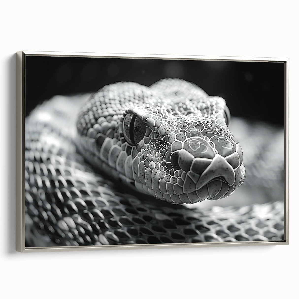 Framed wall art showcasing a striking snake design in a silver frame, perfect for reptile enthusiasts and modern decor, adding elegance to any space.