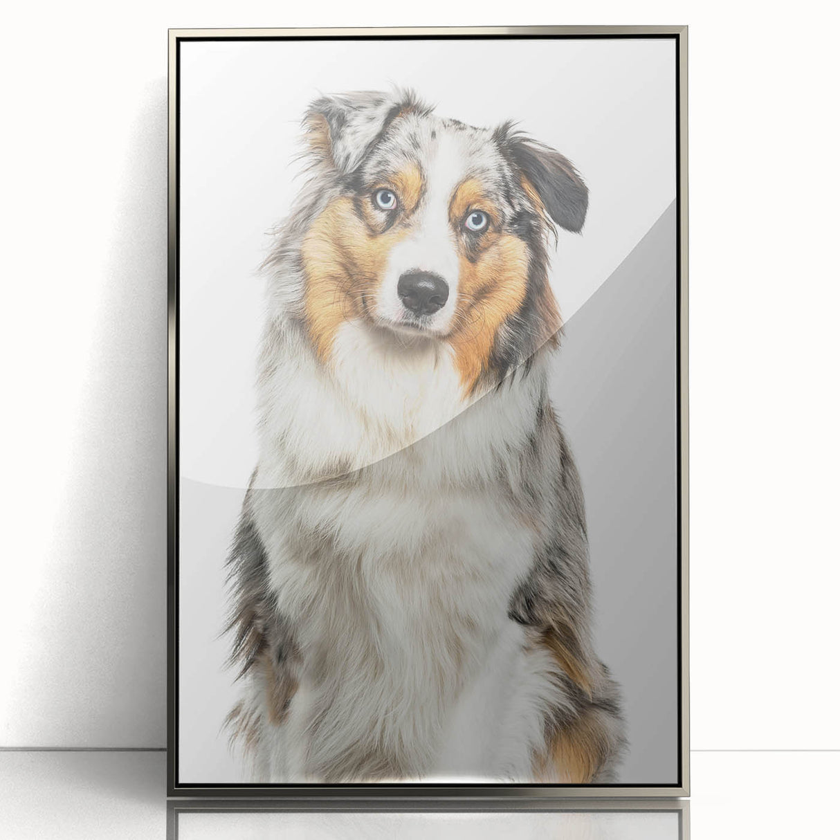 Framed acrylic art print showcasing a silver abstract design, viewed from the front, perfect for modern home decor and enhancing interior aesthetics.