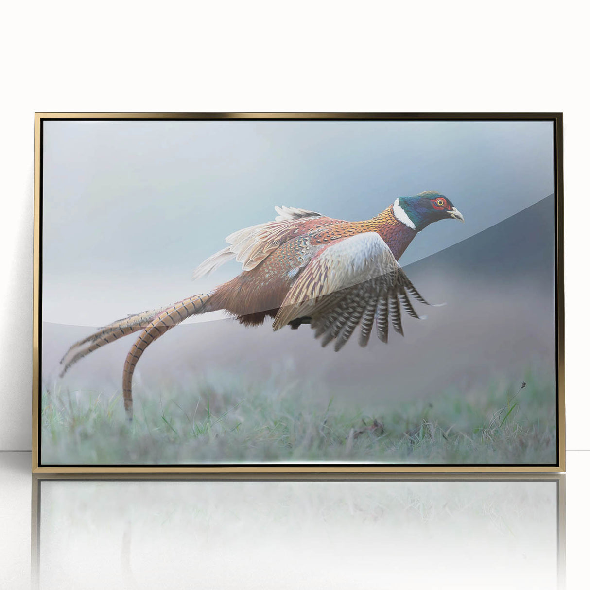 Framed acrylic artwork showcasing a vibrant gold abstract design, set against a minimalist white background, ideal for modern home decor or office spaces.