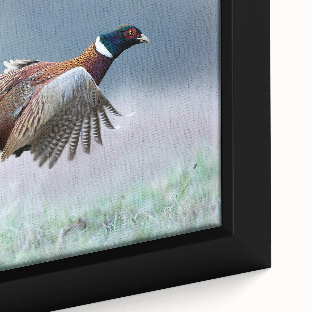 Framed canvas close-up showcasing a vibrant abstract landscape artwork with bold colors and intricate textures, ideal for enhancing home decor aesthetics.