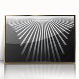 Mid-century modernist art featuring geometric shapes in muted gold and beige tones on a framed acrylic print.