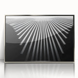Art deco poster featuring a geometric pattern in silver and black tones on a framed acrylic print.