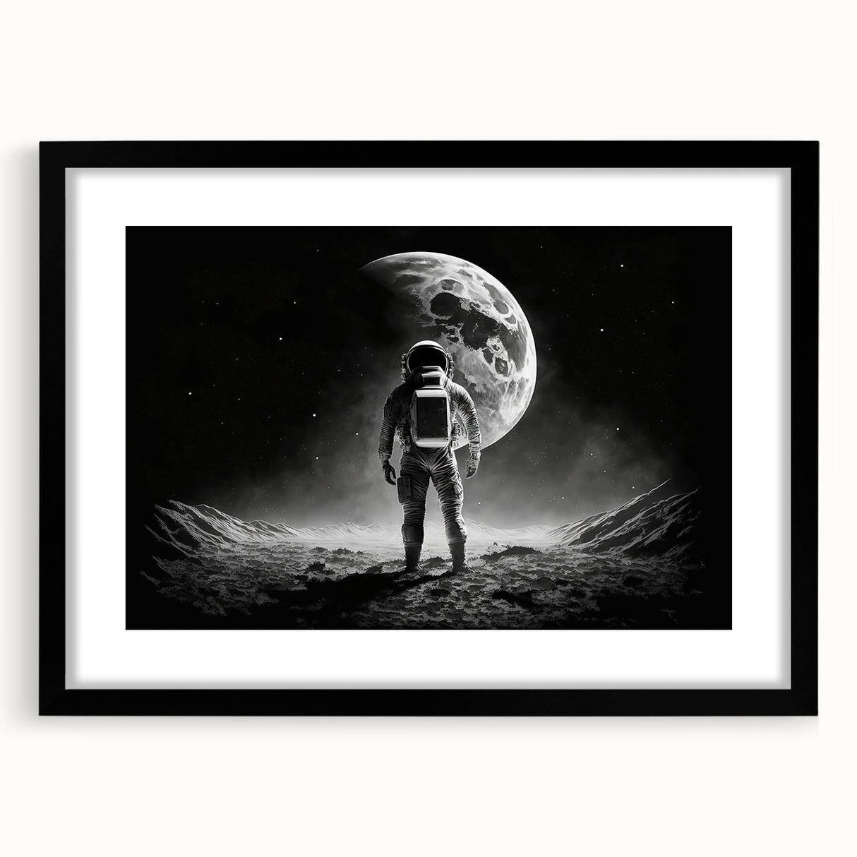 Astronaut Wall Art: Black and White Space Explorer Canvas with Moon View