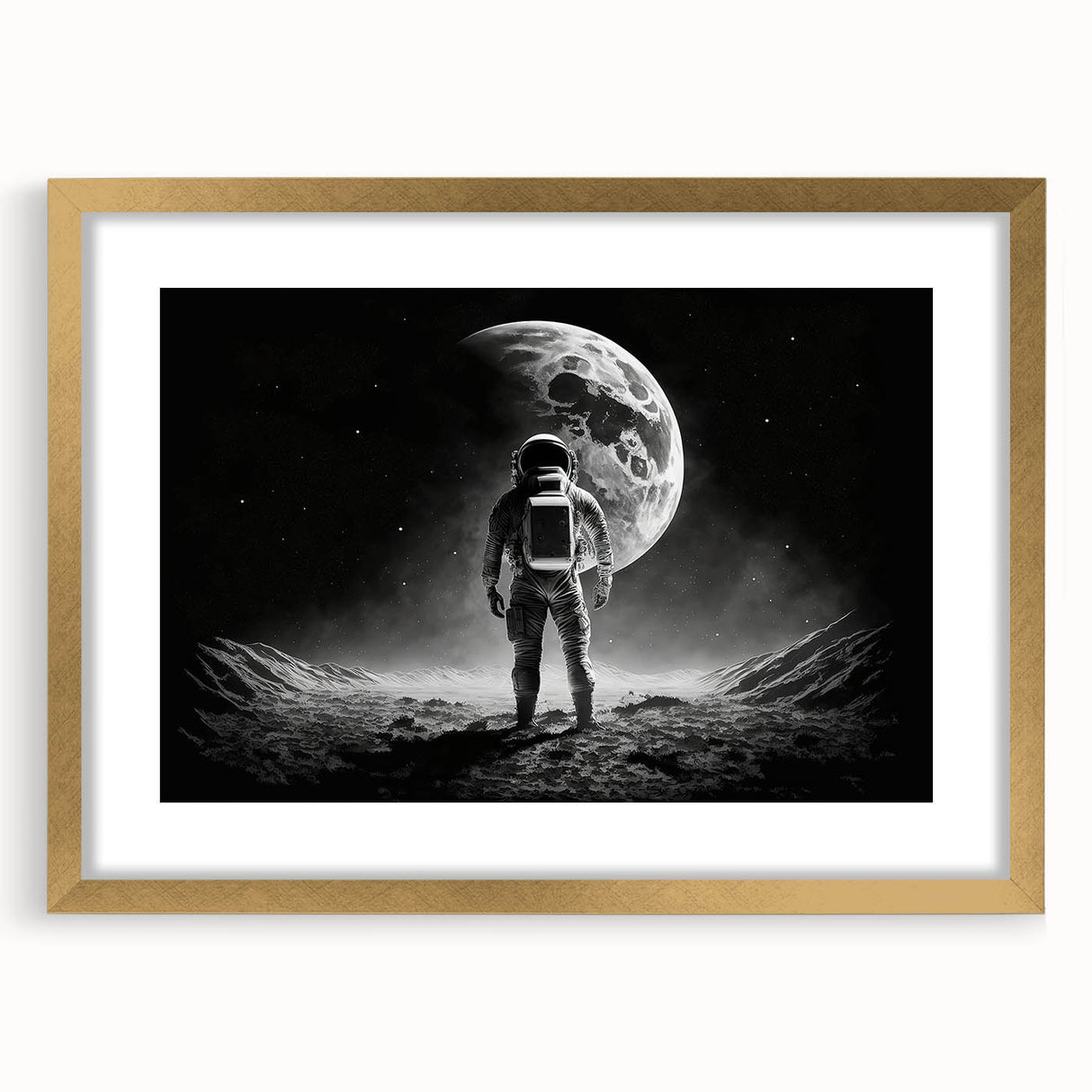 Astronaut Wall Art: Black and White Space Explorer Canvas with Moon View