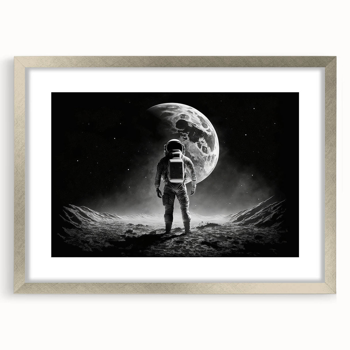 Astronaut Wall Art: Black and White Space Explorer Canvas with Moon View