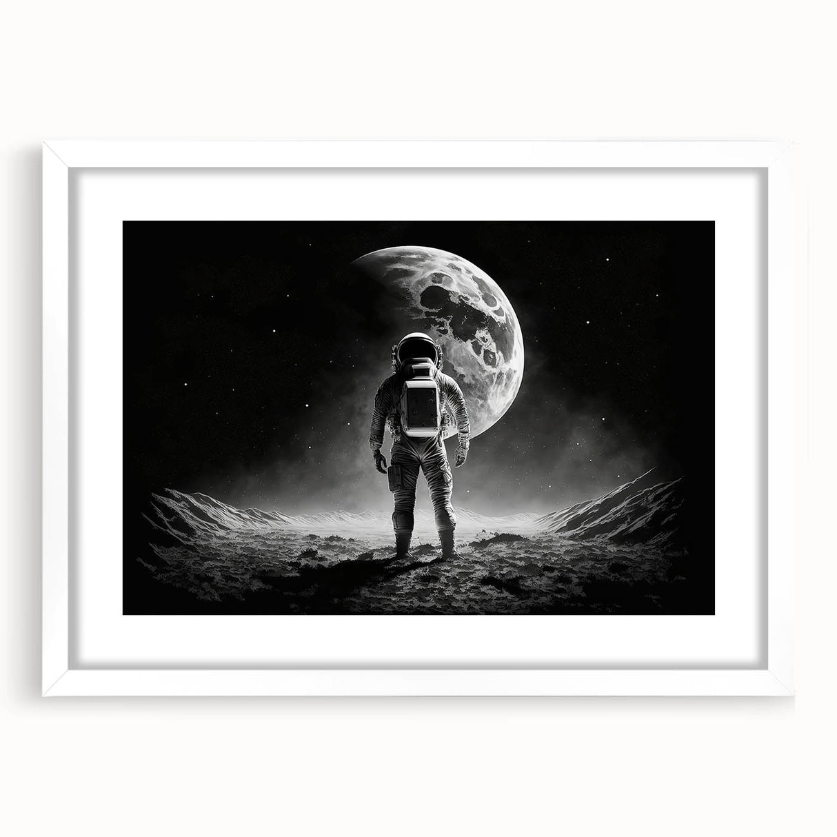 Astronaut Wall Art: Black and White Space Explorer Canvas with Moon View