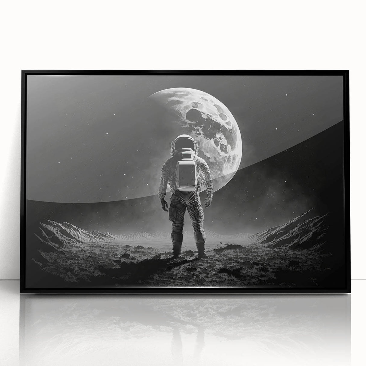 Astronaut Wall Art: Black and White Space Explorer Canvas with Moon View