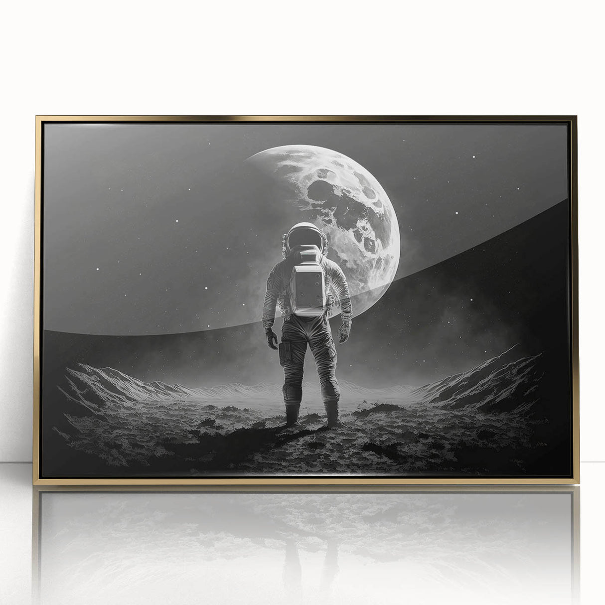 Astronaut Wall Art: Black and White Space Explorer Canvas with Moon View