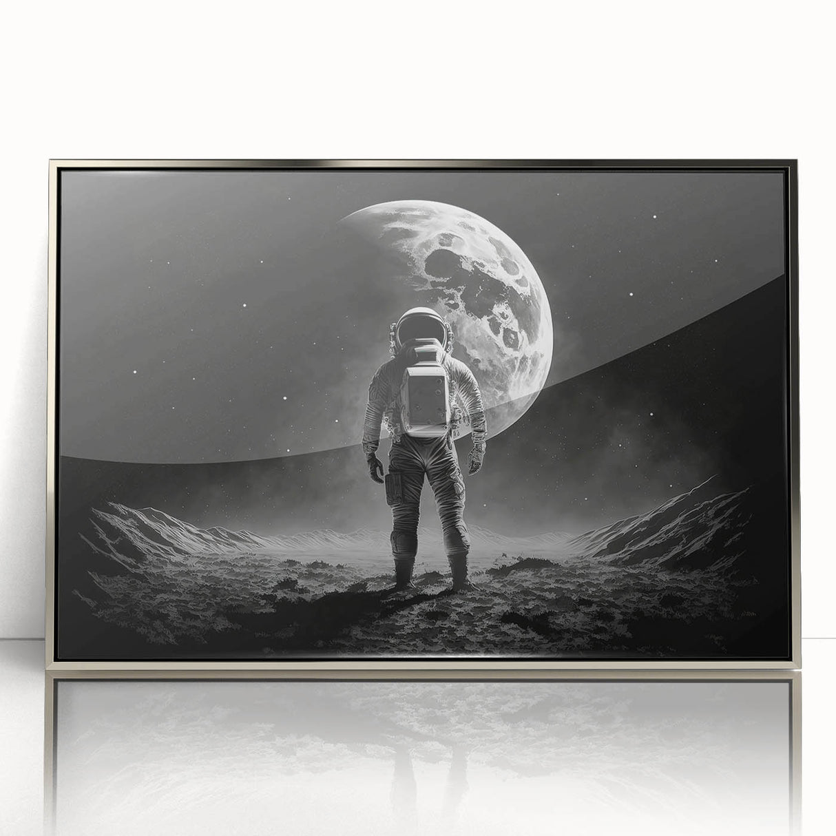Astronaut Wall Art: Black and White Space Explorer Canvas with Moon View
