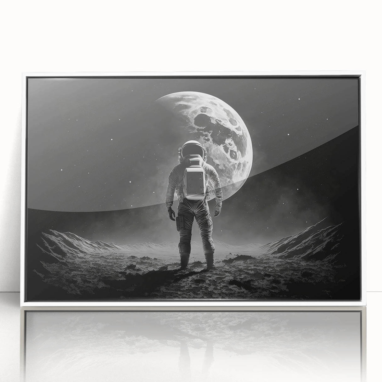 Astronaut Wall Art: Black and White Space Explorer Canvas with Moon View