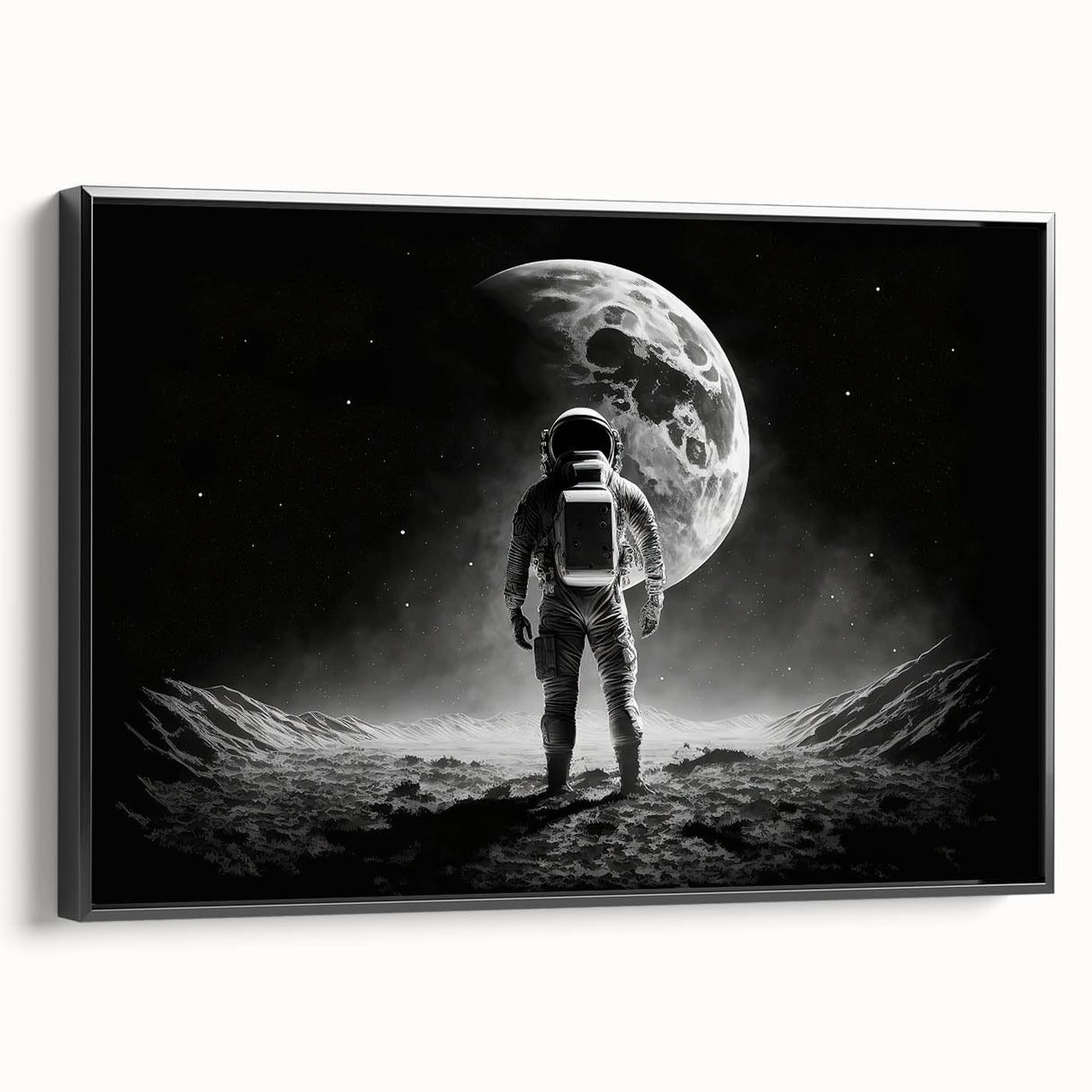 Astronaut Wall Art: Black and White Space Explorer Canvas with Moon View