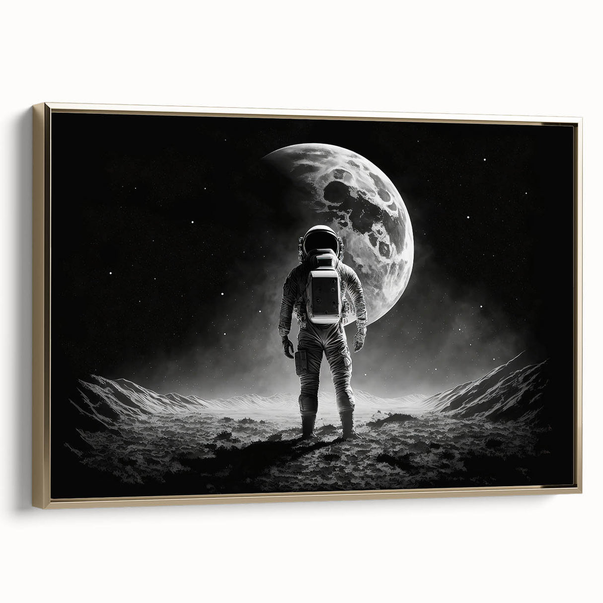Astronaut Wall Art: Black and White Space Explorer Canvas with Moon View