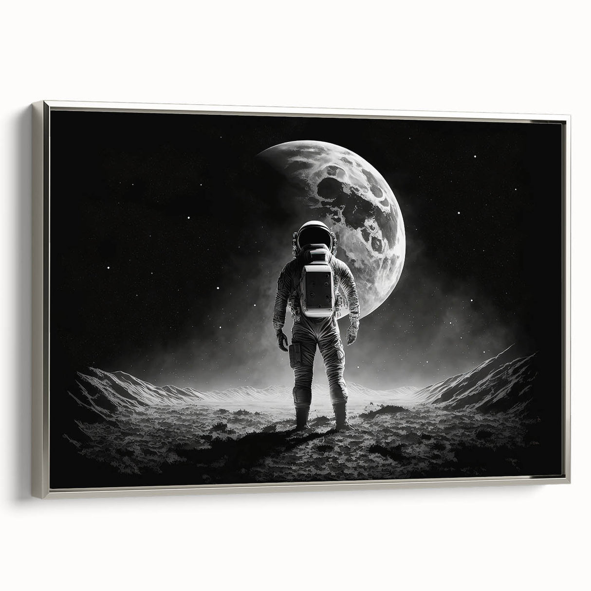 Astronaut Wall Art: Black and White Space Explorer Canvas with Moon View