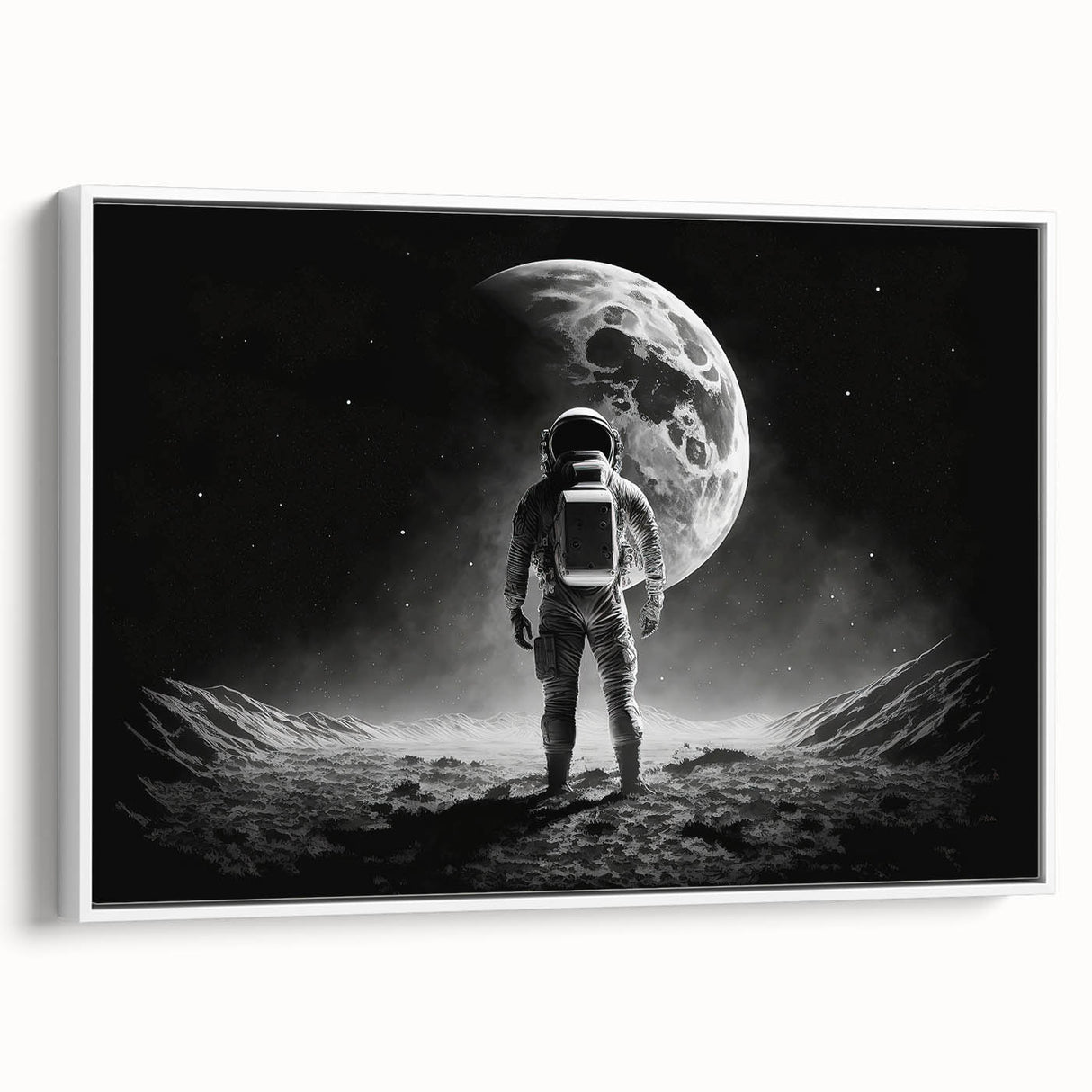Astronaut Wall Art: Black and White Space Explorer Canvas with Moon View