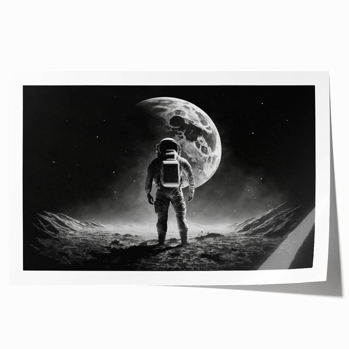 Astronaut Wall Art: Black and White Space Explorer Canvas with Moon View