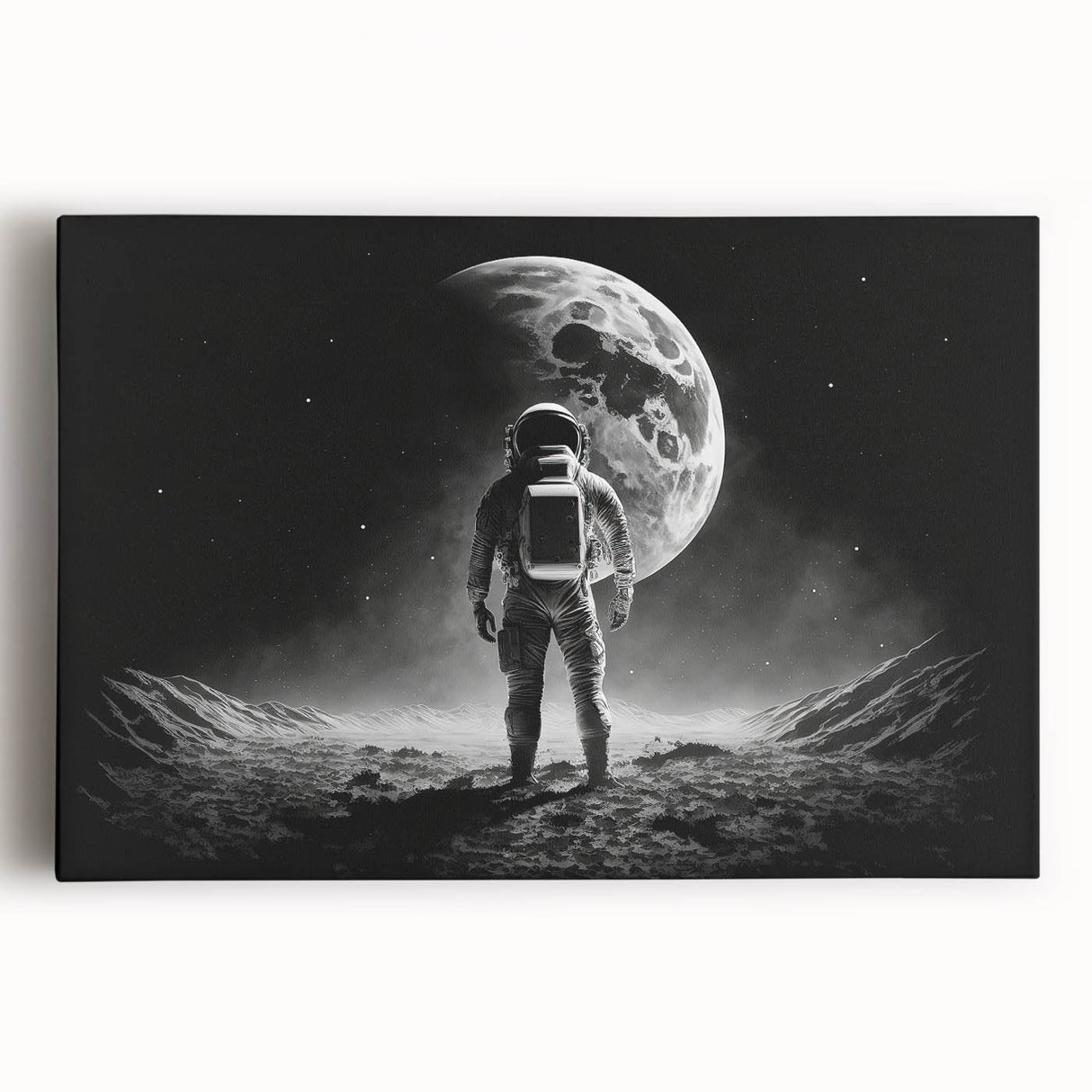 Astronaut Wall Art: Black and White Space Explorer Canvas with Moon View
