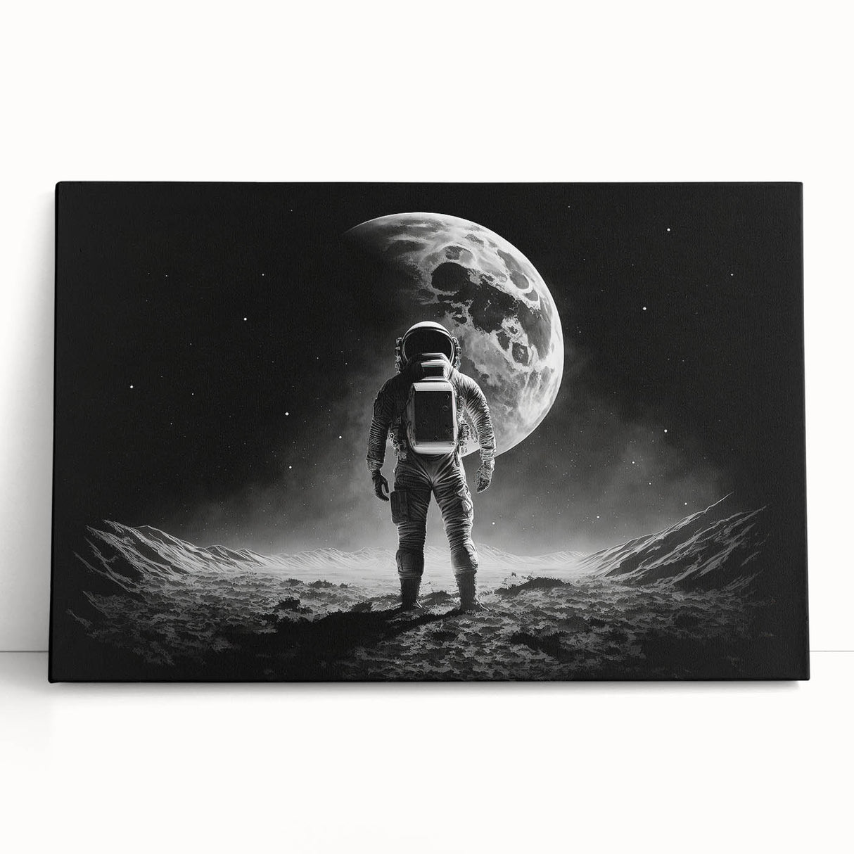 Astronaut Wall Art: Black and White Space Explorer Canvas with Moon View