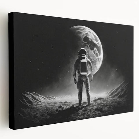 Astronaut Wall Art: Black and White Space Explorer Canvas with Moon View