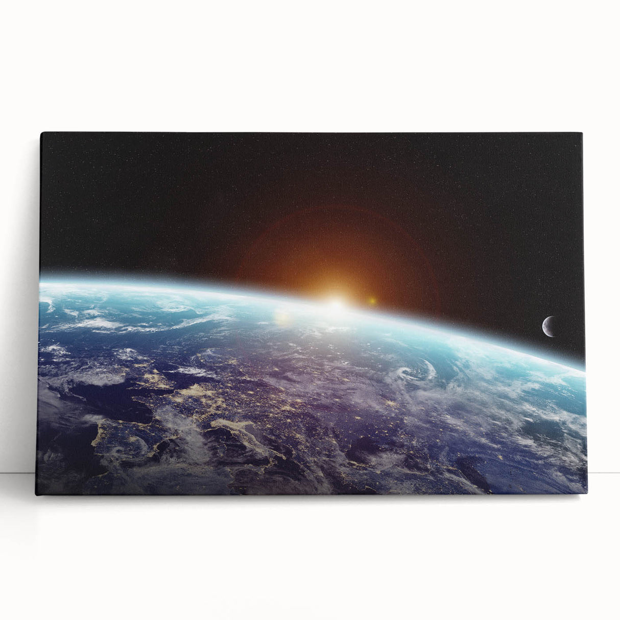 Sunrise Over Earth Wall Art - Space View of Earth with Moon Decor