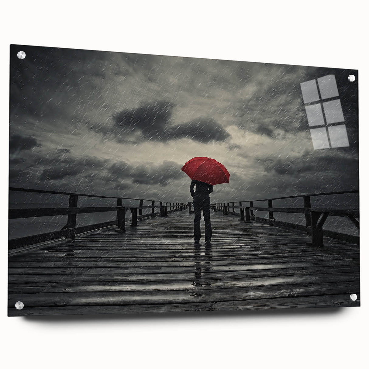 Rainy Bridge with Red Umbrella - Earthy Phenomena Wall Art Print